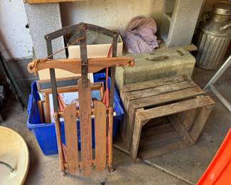 Small child’s sled and wood crate. 