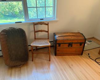 Early splint made basket. 
Caned chair. 
Wonderful dome top trunk with original top tray. 