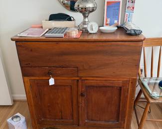 Very nice, early, lift top commode. Rayo type lamp. Primitive chair. 