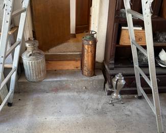 Great folding metal ladder, similar to Little Giant. Interesting can and brass fire extinguisher. 