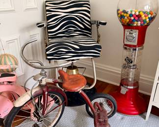 Vintage Salon Chair, Spiral Gumball Machine, and Vintage Murray Tricycle
