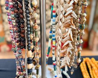 Necklaces, many beaded and tribal versions
