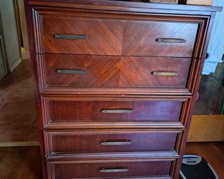 Mahogany chest of drawers, wood boxes, framed needlepoint