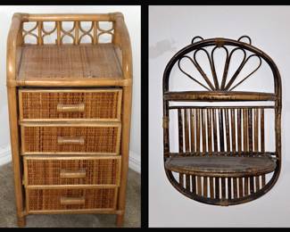 Cute Little Rattan Chest of Drawers and One of a Pair of Rattan Wall Shelves