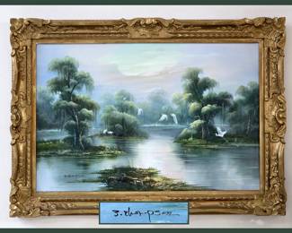 Large Signed Oil Painting in Ornate Frame T Thompson