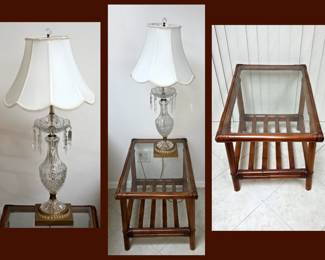 Pair of Rattan and Glass End Tables and Pair of Glass Lamps