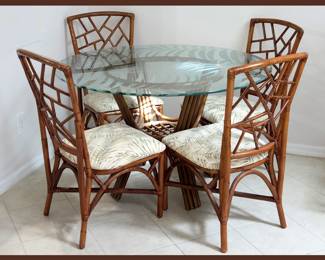 Rattan Dinette Set; Glass Top is Etched