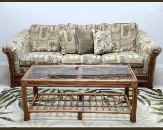 Rattan Sofa, Coffee Table and Pretty Area Rug