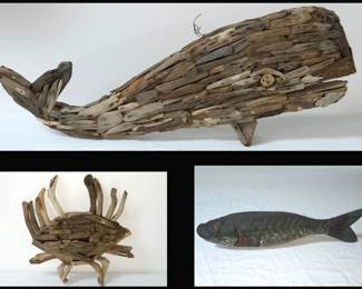 Driftwood Whale and Crab and Wooden Catfish
