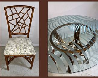 Rattan Dinette Chair and Etched Glass Table Top 