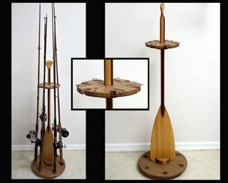 Cool Fishing Pole Holder made of an oar and Fish Hooks