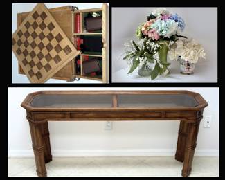 Box of Games,  Faux Flowers and Sofa/Entry Table