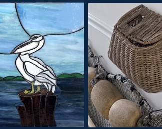 Stained Glass Pelican and Old Creel and Netting