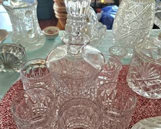 Pressed glass decanter and glasses