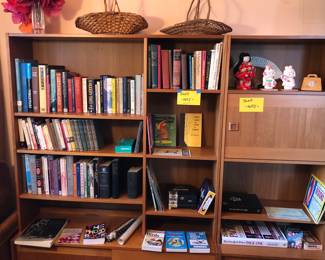 More books + baskets & Japanese dolls/figurines (NOTE: teak shelf NOT for sale) 