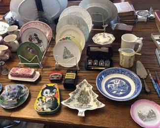 Vintage tins, Johnson Bros. “Merry Xmas” tree dish, assorted plates, art glass fountain pens 