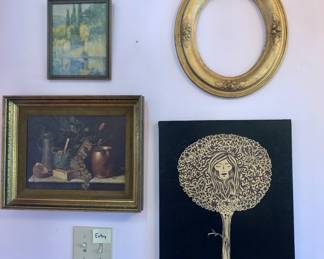 Vintage prints, gilt oval frame, interesting painting