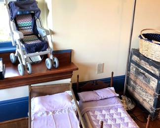 Vintage doll beds, chrome floor lamp, doll stroller