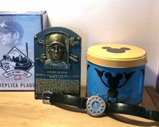Ichiro 2025 Hall of Fame Replica Plaque with box, Michael Graves Mickey Mouse watch with tin & paperwork