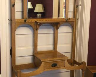 Antique oak hall tree with mirror + drawer (46”W, 13”D, 82”H)