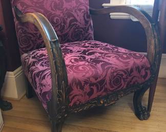 One of a pair of chairs with carved arms & skirt + claw feet