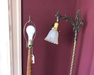 Floor lamps - mid-century wood with black metal base, antique bridge lamp