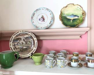 Hall green pitcher, Oregon plate, hand painted fish plate, demitasse cups & saucers 