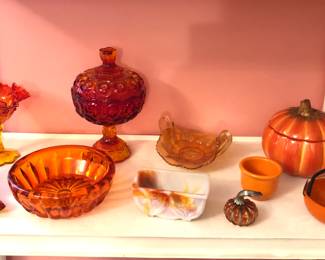 Fenton amberina cabbage rose compote (candy dish), L.E. Smith amberina footed Moon & Stars candy dish with lid, orange glass ashtray, Akro Agate slag glass daffodil planter, mini glass pumpkin