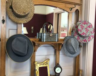 Vintage hats including Stetson fedora & straw boater, vintage lucite box purse, gold Art Nouveau style mirror