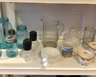 Blue Ball jars, Glasbake hot water carafes, glass pitcher, Far Side penguin mug, Bailey’s cups