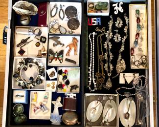 Case items: Philippines shell salt cellars, silver filigree jewelry, Siamese enamel-on-sterling bracelet; earrings & brooches