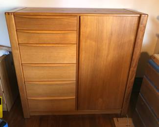 Danish teak wardrobe (gents dresser) with tambour door on right side - by Dyrlund (50”W, 19”D, 48.5”H)