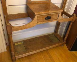Bottom of hall tree - with complete with original brass trays to catch umbrella drips 
