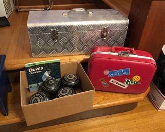 Aluminum tool box, set of 4 lawn bowling balls, vintage kids suitcase