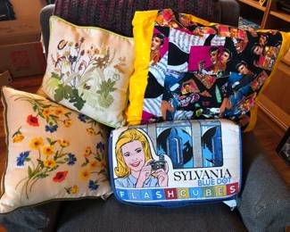 Fun vintage pillows + handmade Elvis pillow (remember flashcubes??)