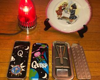 Lamp made from 1959 Cadillac tail light, antique Buster Brown shoes plate, Quisp watch, Rolls razor