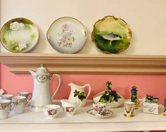 Old Bavarian & German plates, Meitner chocolate set, Adderley cream & sugar with roses, English demitasse cup & saucer, fish nodder S+P set