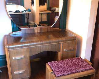 Vintage Harmon waterfall vanity with mirror + bench (44”W, 19”D, 66” high at top of mirror - vanity surface is 27” high) 