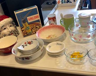 Kitchen: serving bowls, cookie maker, clear Pyrex bowls + Santa cookie jar