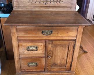 Antique washstand (28.5”L, 17”D, 28”H + backsplash adds 7”) 