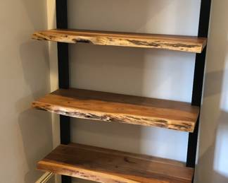 Shelf with black metal frame & “live edge” wood shelves - we have 2 alike! (Each 71”H, 35”W, 15”D)