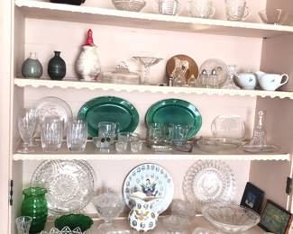 Lots of glass serving pieces (plates, trays, creamers, etc.) + vases - makers include Waterford, Heisey, Fostoria, Hazel Atlas & Indiana