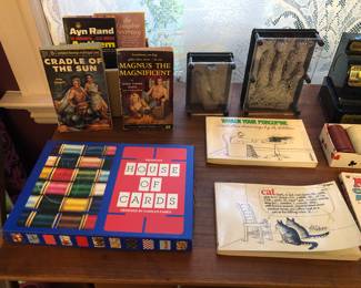 Pulp paperbacks, Kliban cat books, pin sculpture toys 