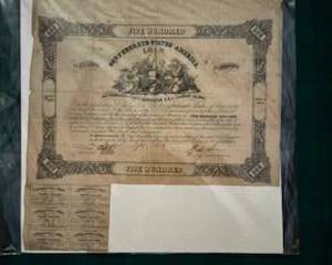 $500 Confederate Bond with 6 Coupons Attached.