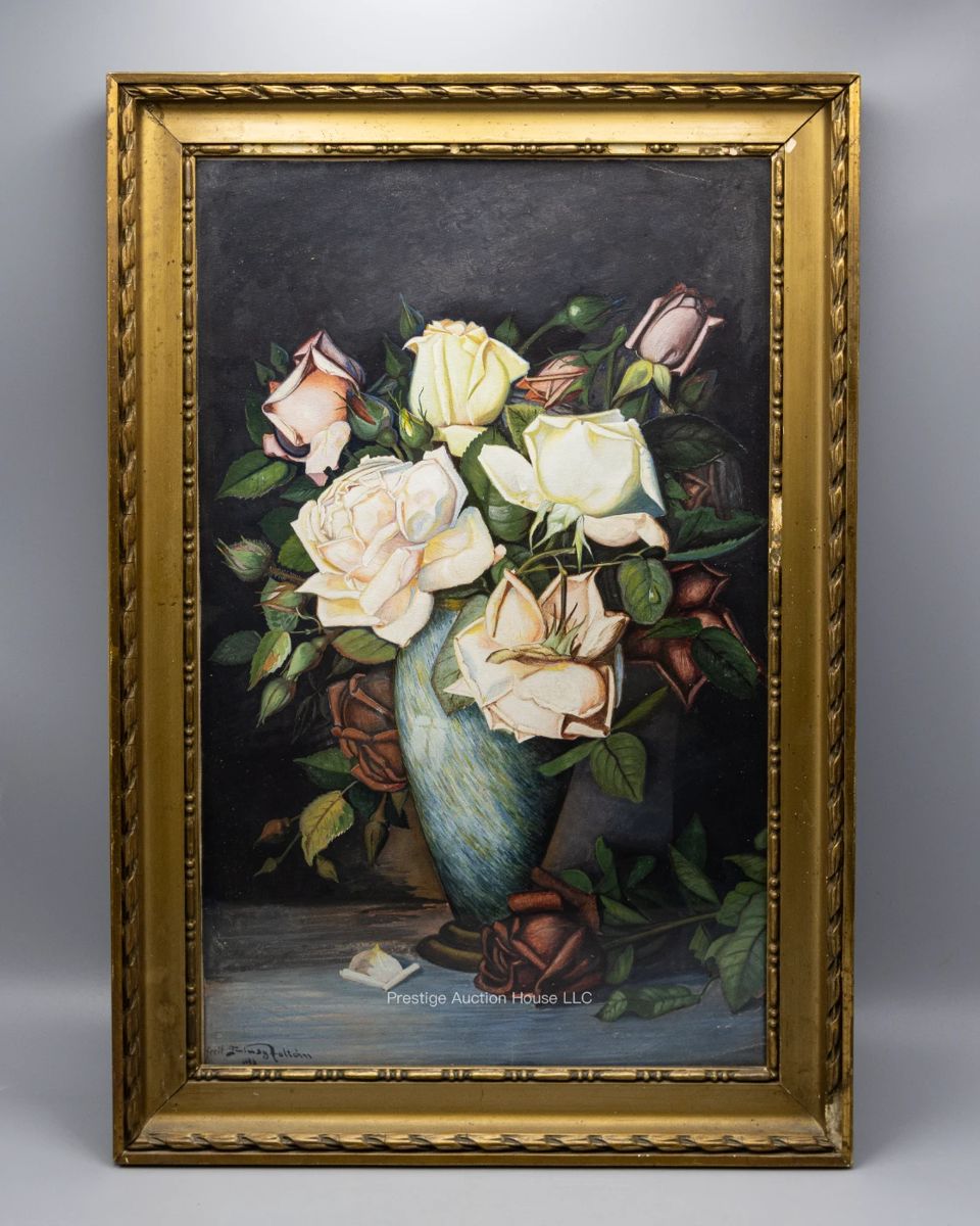 ANTIQUE SIGNED & DATED 1926 STILL LIFE FLORAL GOUACHE PAINTING FRAMED