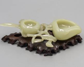 VINTAGE WELL CARVED DOUBLE BOWL CHINESE JADE BRUSH WASHER SCULPTURE ON FITTED STAND