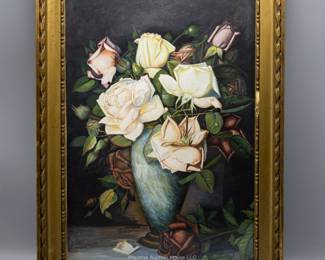 ANTIQUE SIGNED & DATED 1926 STILL LIFE FLORAL GOUACHE PAINTING FRAMED