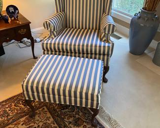 Ethan Allen upholstered wing back chair with ottoman (2) matching chairs total. 