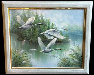 Signed Flying Swans Painting 