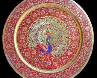 Large Brass Decorative Peacock Plate 